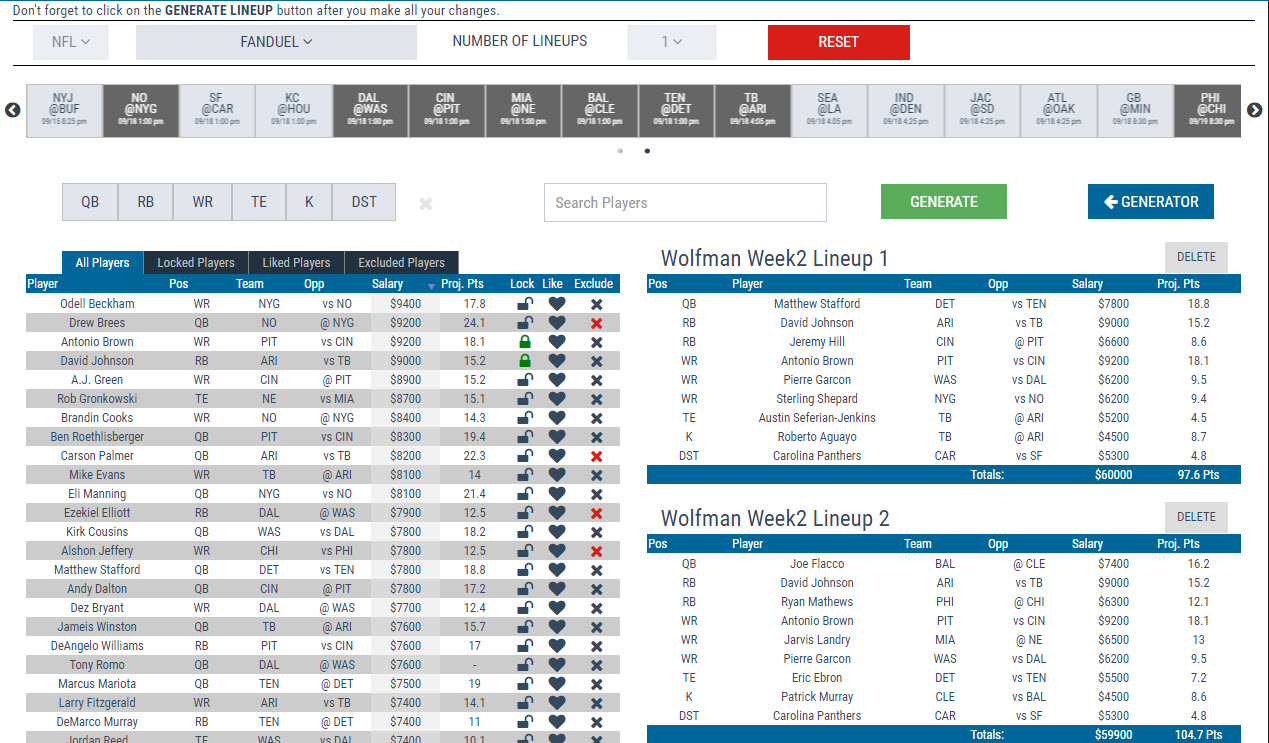 NFL Yahoo Lineup Optimizer, Daily Fantasy Sports (DFS)