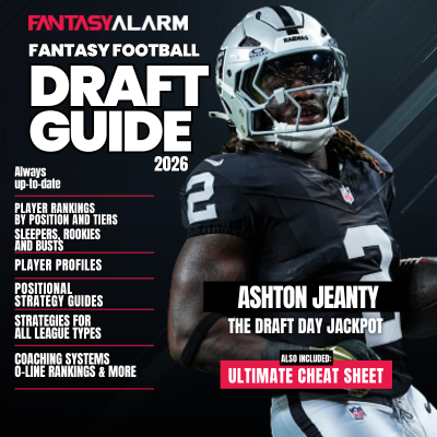 Fantasy Alarm 2026 Fantasy Football Draft Guide cover — expert rankings, cheat sheets, sleepers, prospects and strategies for all league types